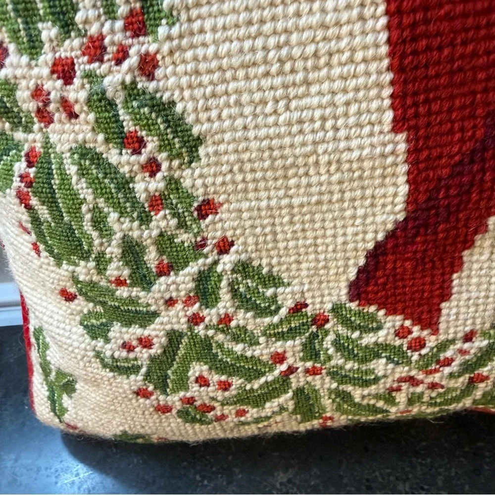 Holiday Wreath Needlepoint Pillow with Red Bow